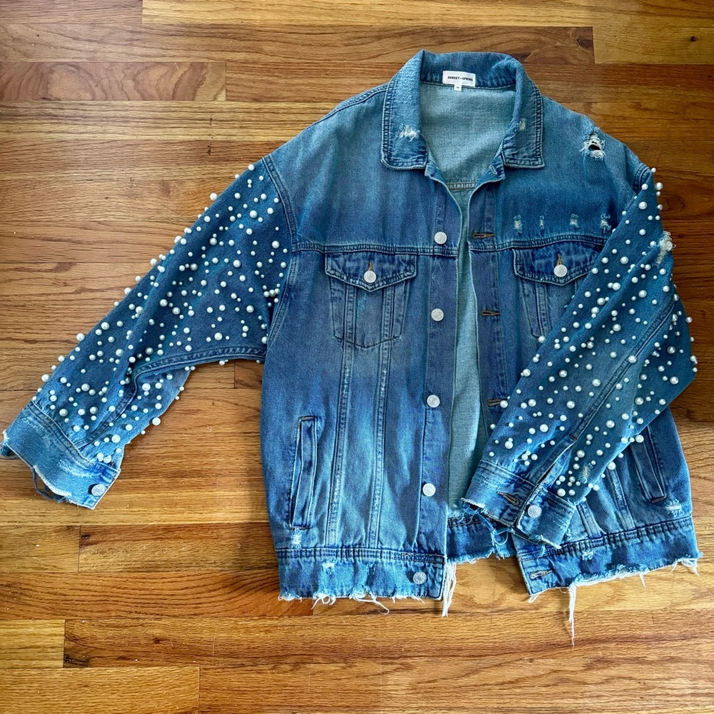 Embellished Distressed Oversized Denim Jacket
